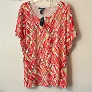 Karen Scott Coral, White & Yellow Abstract Short Sleeve Tee